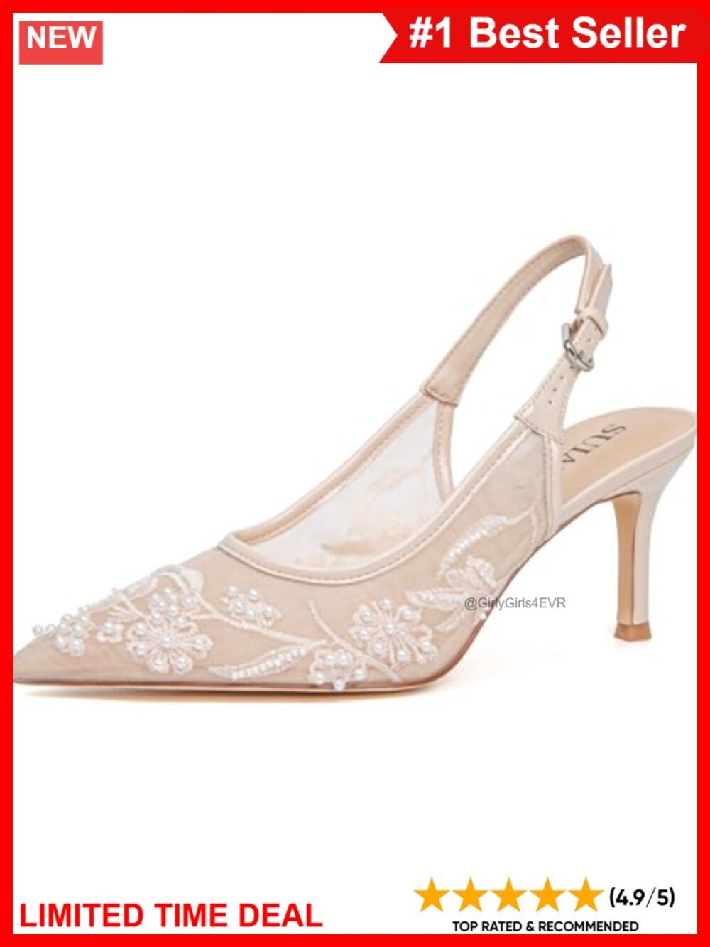 Lace Mesh Pearl Kitten Heel Slingback Wedding Pumps Pointed Toe Bridal Heels